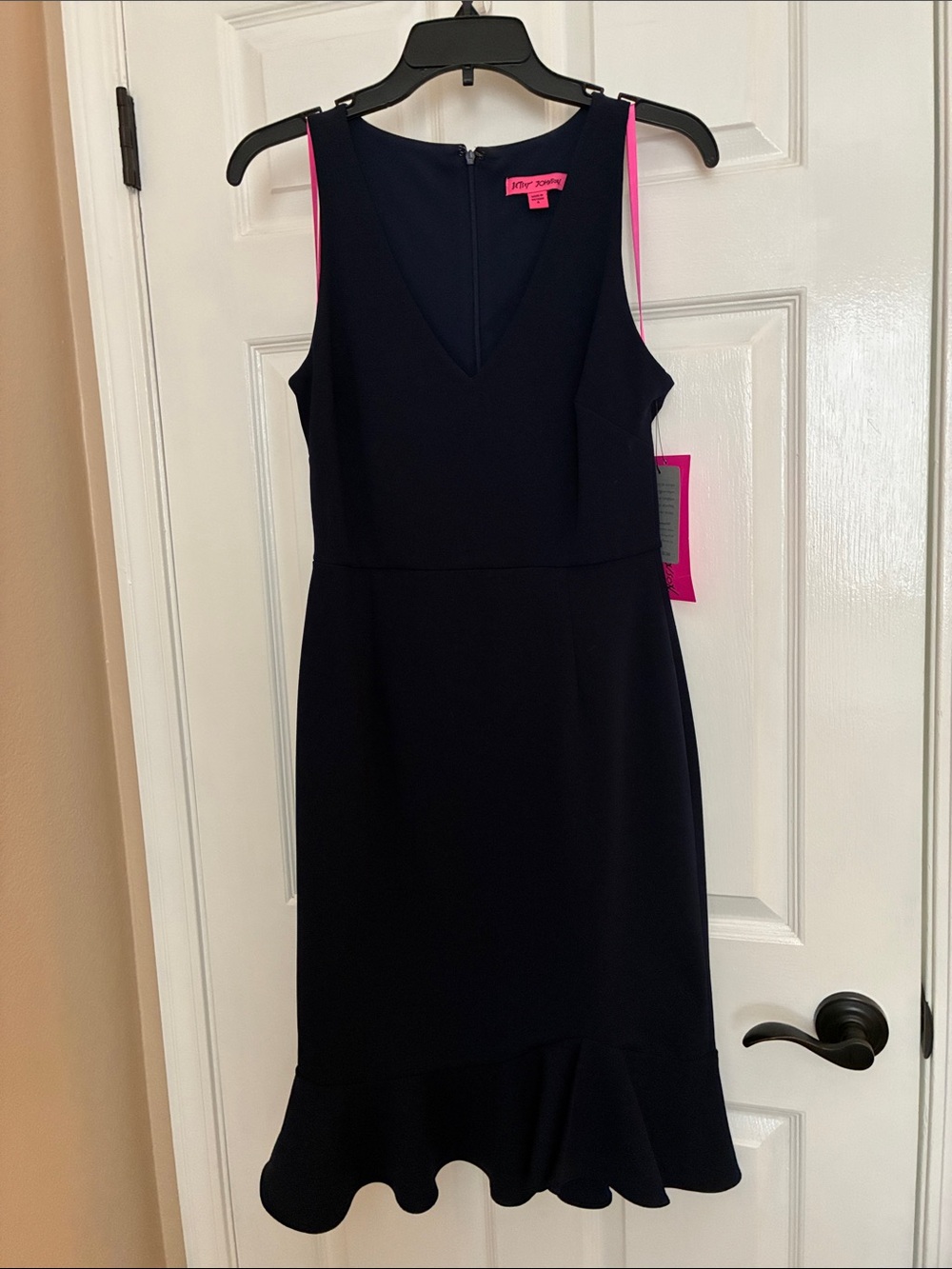 Betsey Johnson Navy V-Neck Ruffle-Hem Midi Dress with Pink Trim